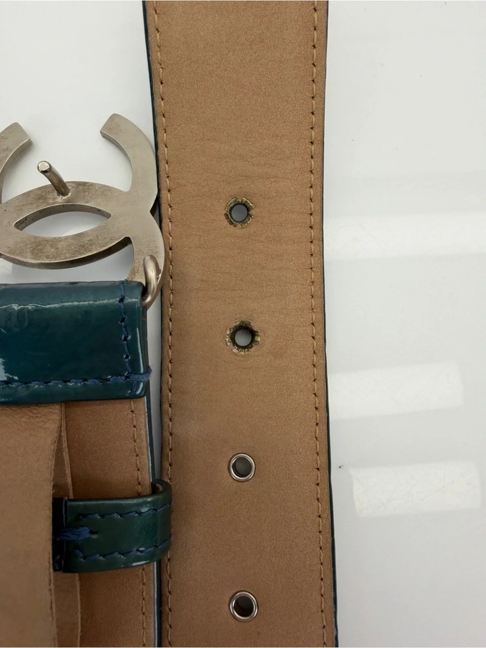 Chanel Teal Patent Leather Camellia Embossed Belt with Interlocking CC Buckle